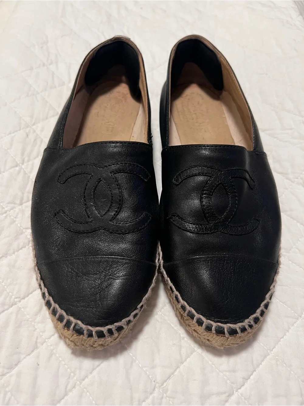 CHANEL Black Leather Espadrille Flats with CC Logo.